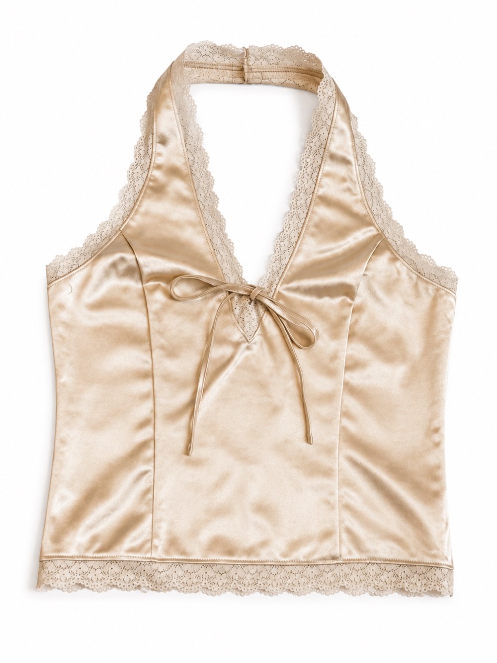 Thirty Thirty LA Satin Lace Halter Top M Champagne Y2K Coquette Cami